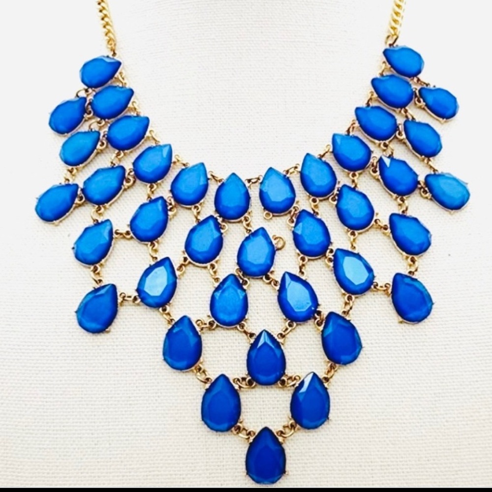 Contemporary Modern Jeweled Cobalt Blue BIB Style Gold Chain Elegant Necklace - Picture 11 of 11